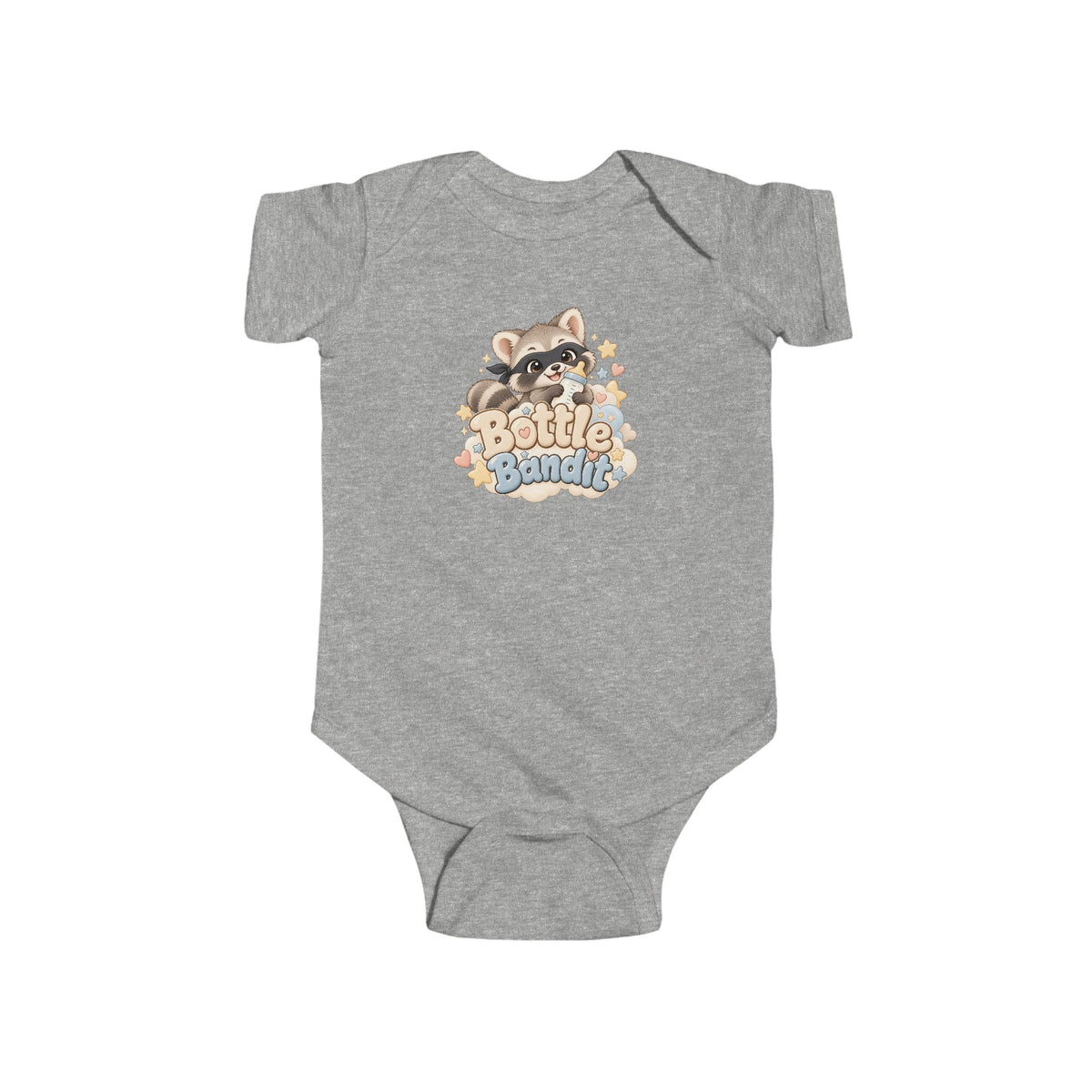 Cute raccoon Bottle Bandit baby bodysuit for newborns and infants