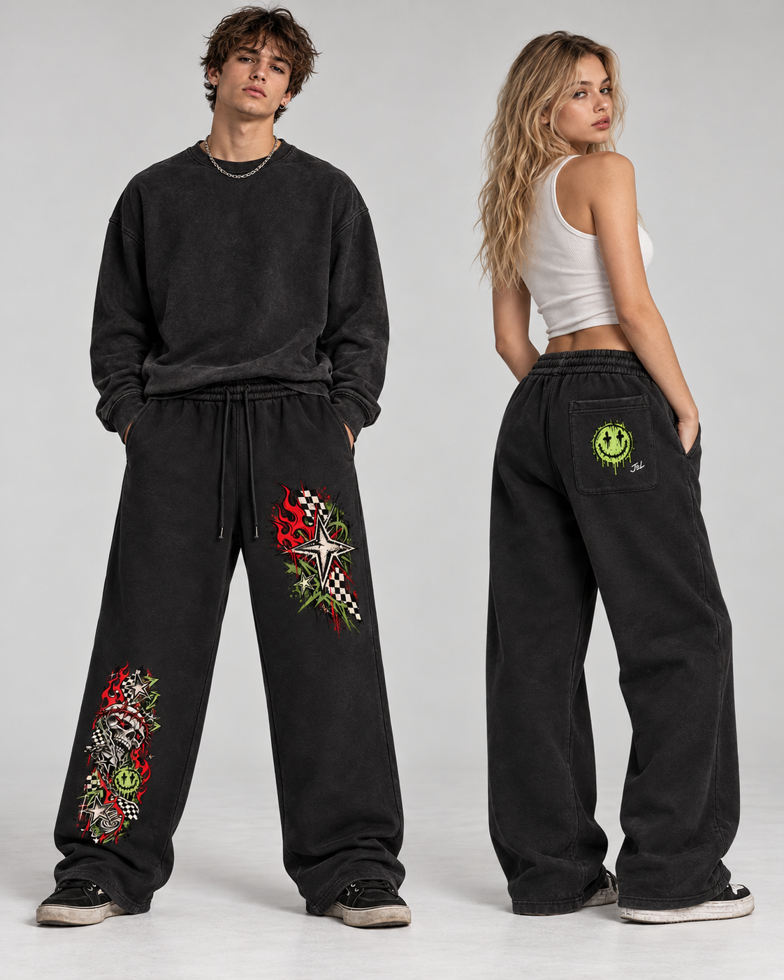 90s Grunge Skate Sweatpants | Skull Flame Streetwear