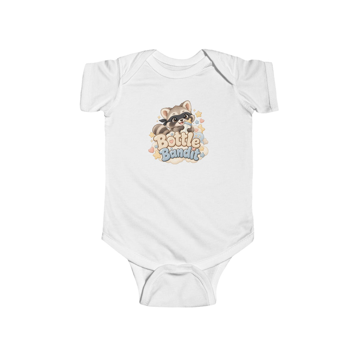 Bottle Bandit baby bodysuit with cute raccoon and baby bottle design
