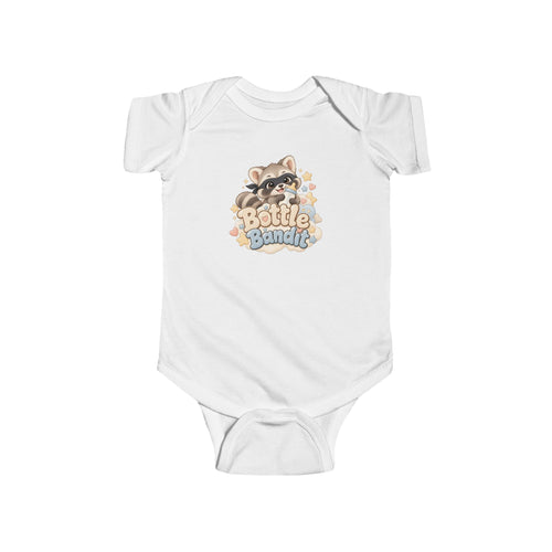 Bottle Bandit baby bodysuit with cute raccoon and baby bottle design