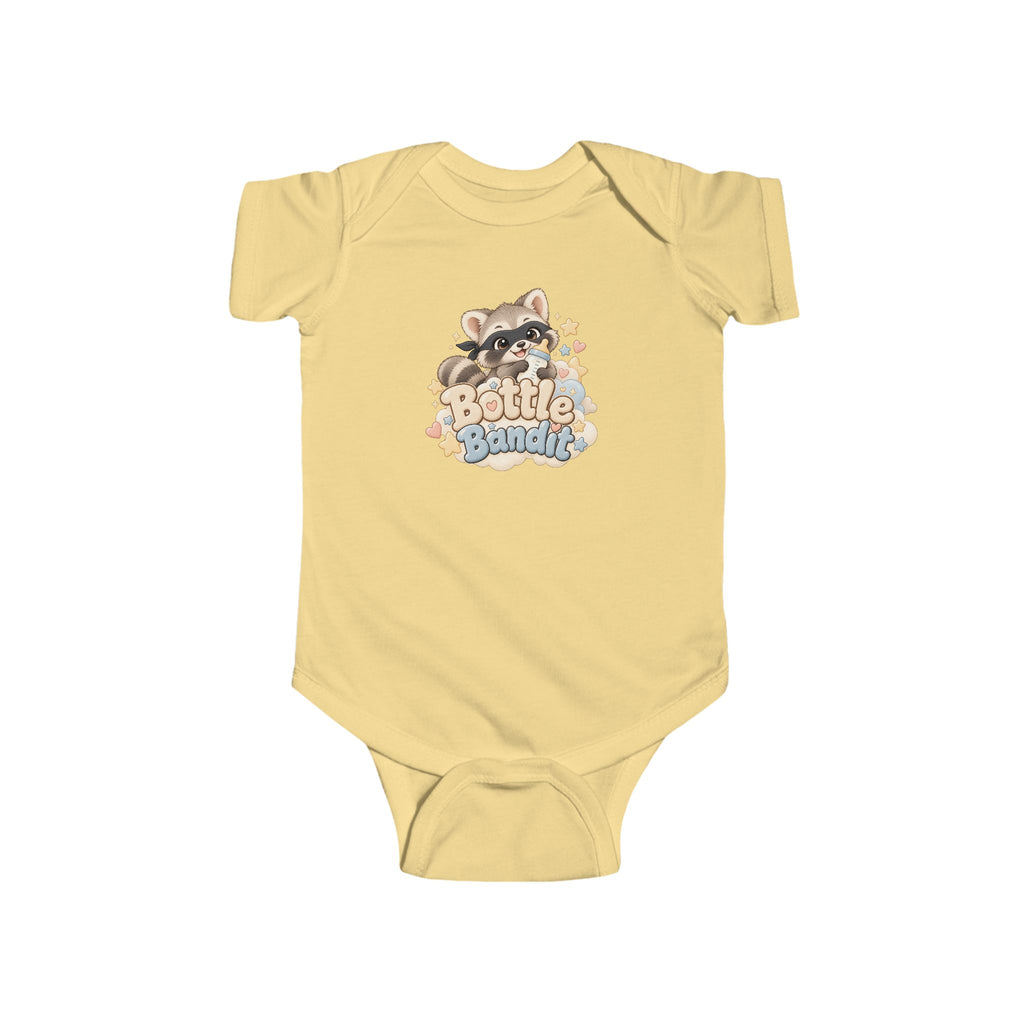 Bottle Bandit infant one-piece with pastel raccoon artwork