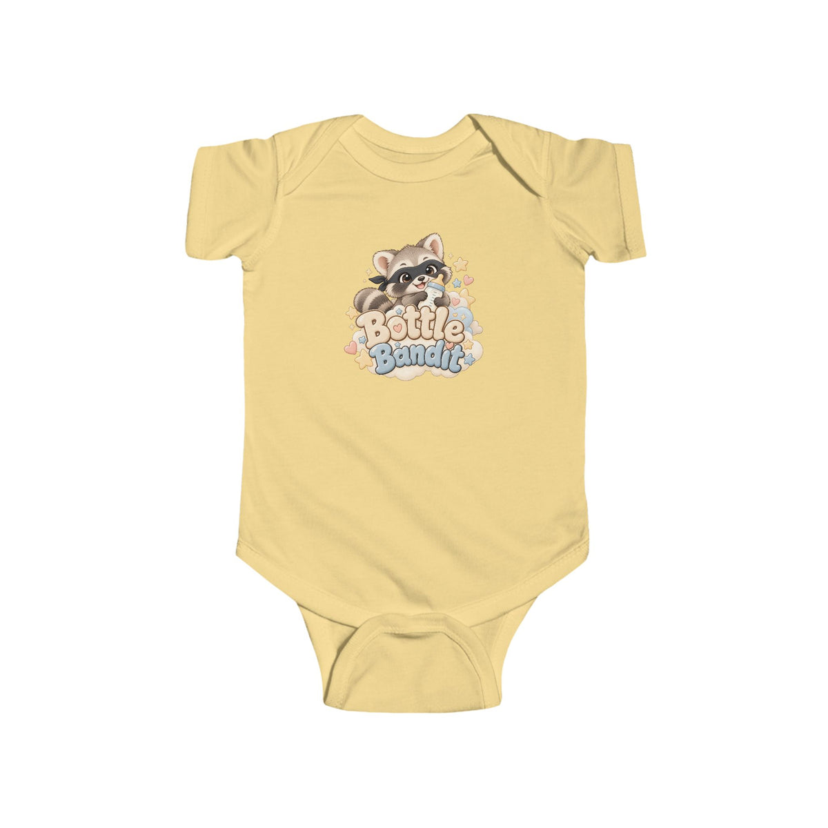 Bottle Bandit infant one-piece with pastel raccoon artwork