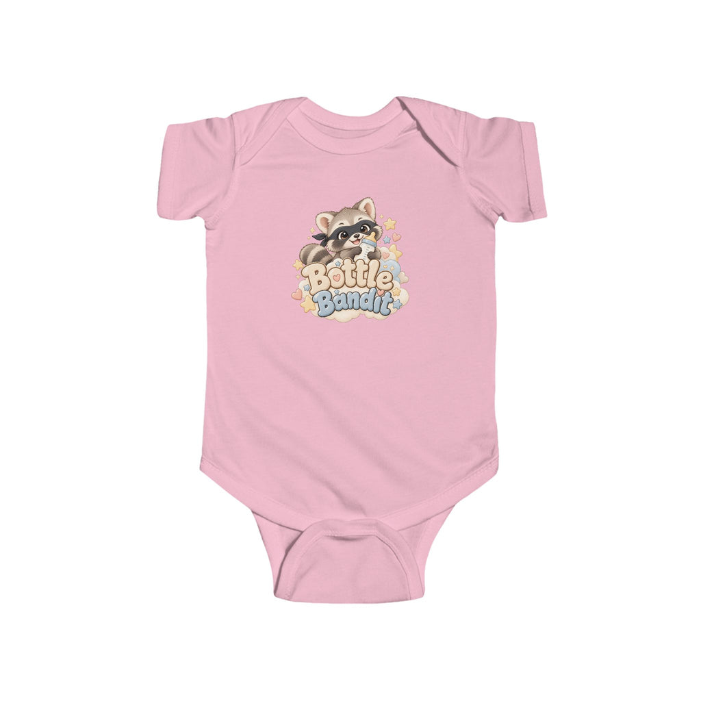 Soft infant bodysuit featuring Bottle Bandit raccoon design