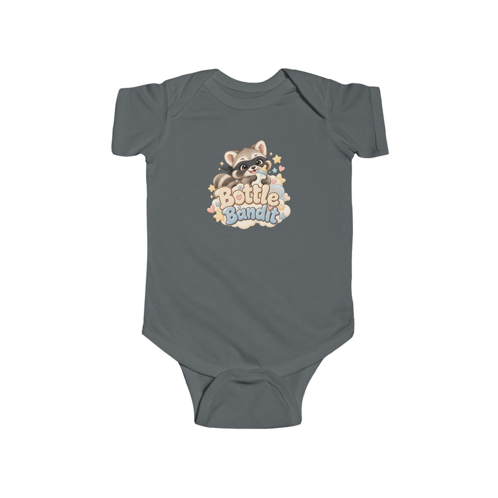 Bottle Bandit newborn bodysuit with cute milk bottle raccoon