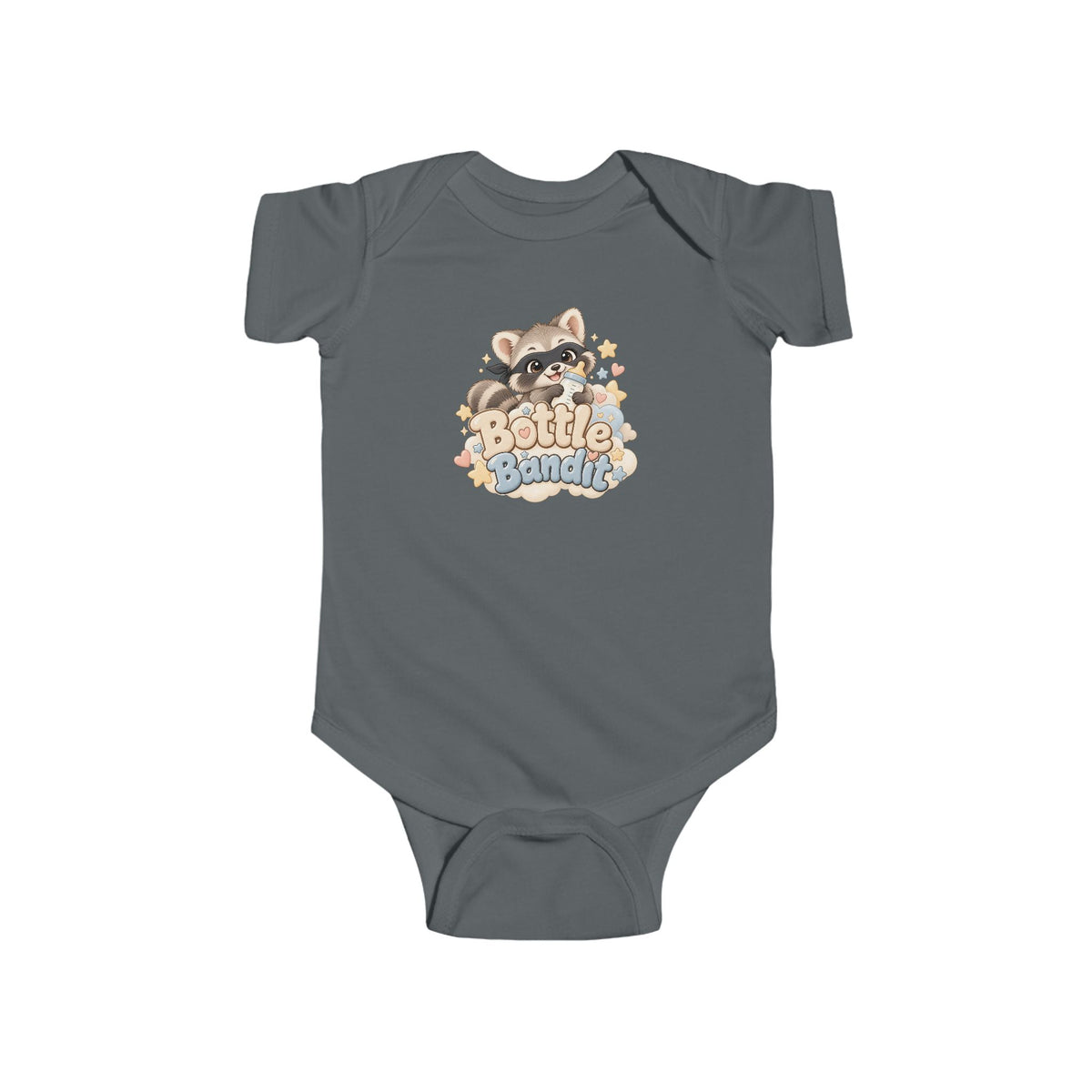 Bottle Bandit newborn bodysuit with cute milk bottle raccoon