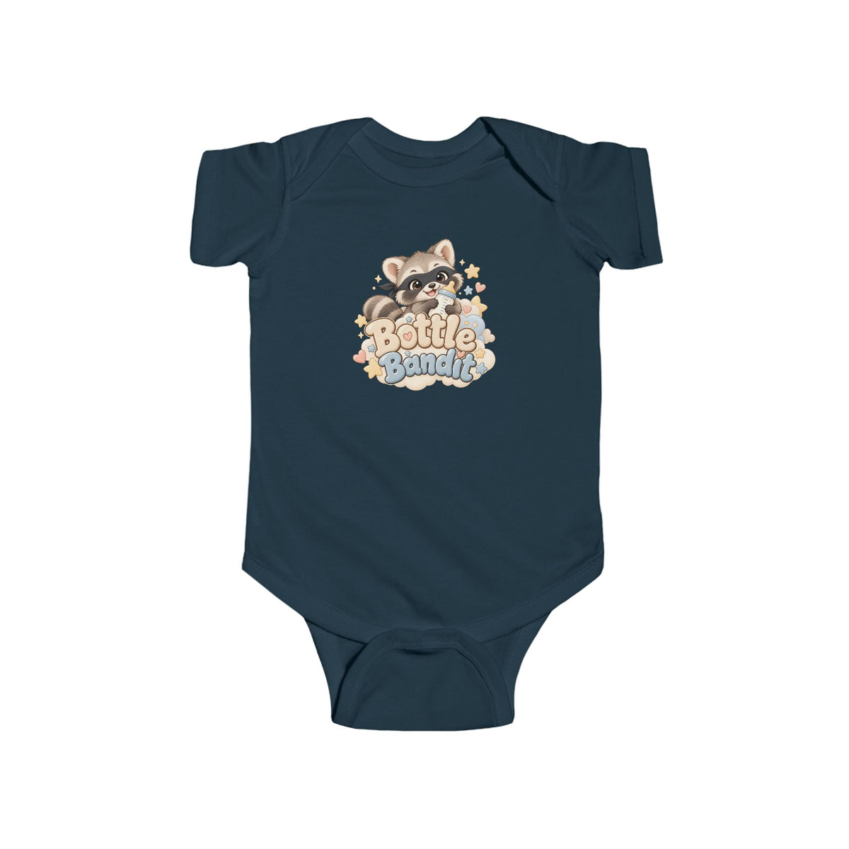 Bottle Bandit baby bodysuit with nursery-style raccoon artwork