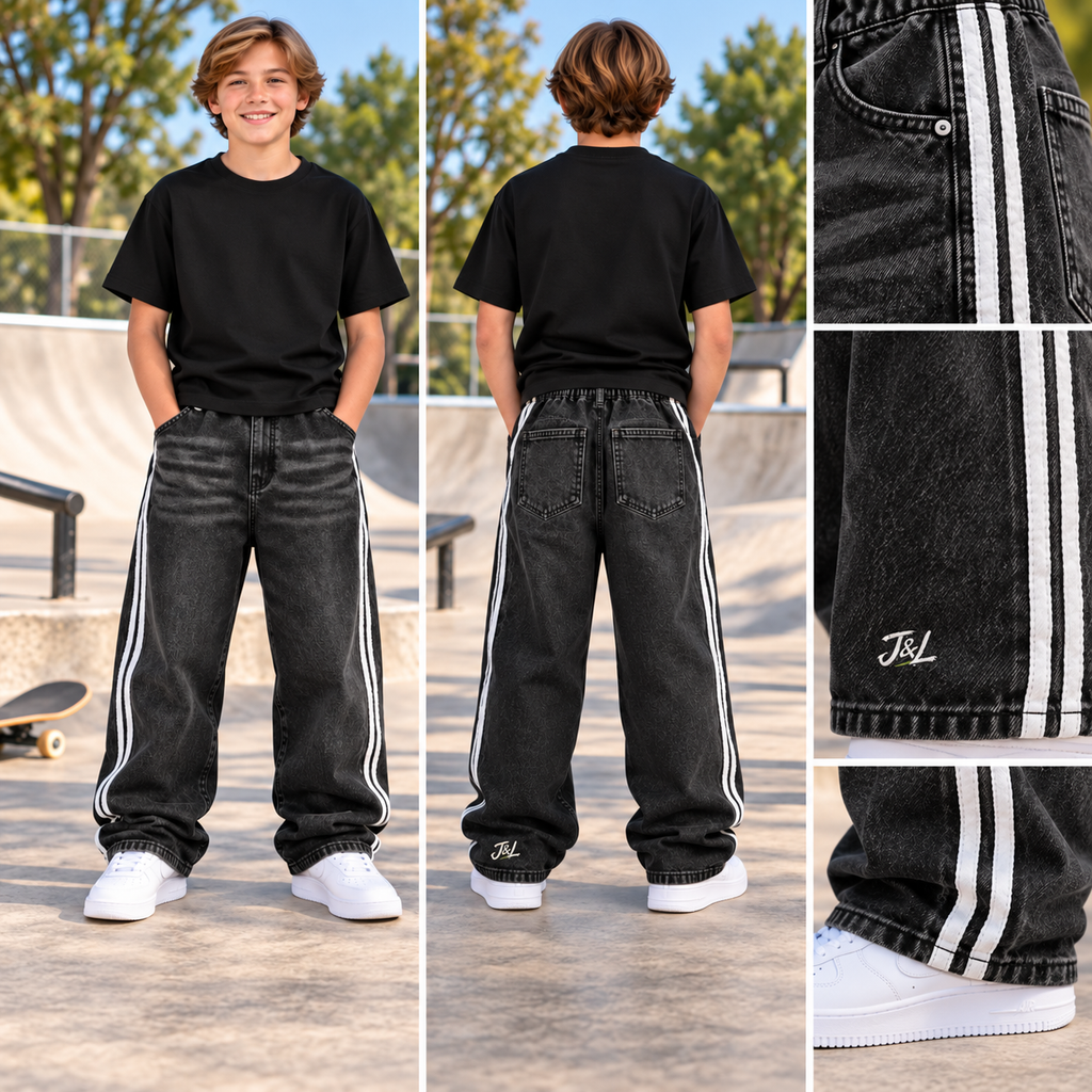 Vintage Wash Side Stripe Jeans | Loose Fit Black Denim