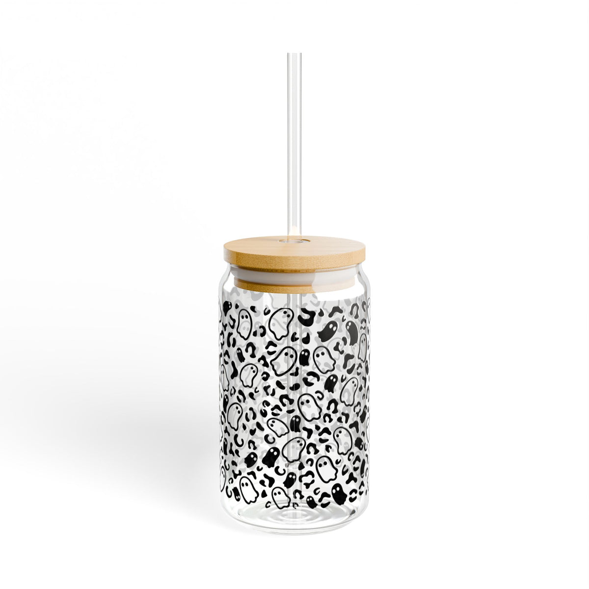 Ghost and leopard print glass cup with bamboo lid