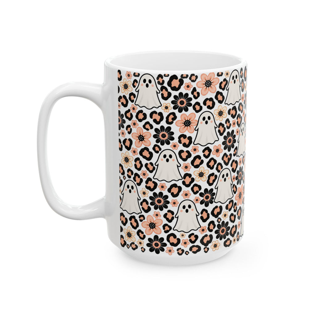 Cute Ghosts & Floral Leopard Print Ceramic Mug