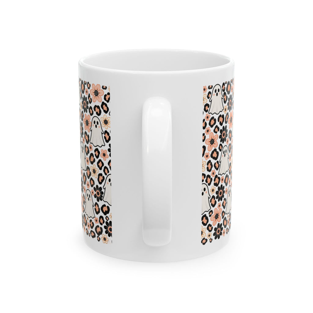 Cute Ghosts & Floral Leopard Print Ceramic Mug