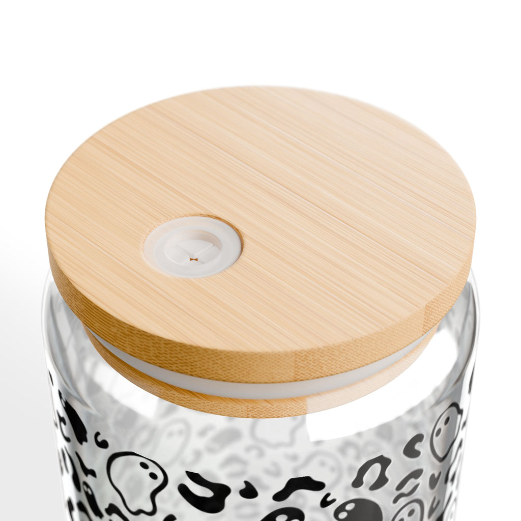 Ghost and leopard print glass cup with reusable straw