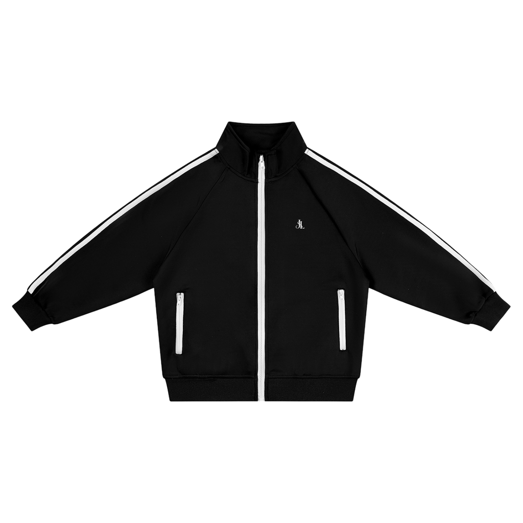 Boys black contrast stripe sport jacket with stand collar and zip pockets