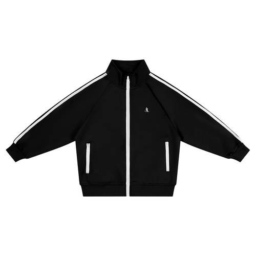 Boys black contrast stripe sport jacket with stand collar and zip pockets
