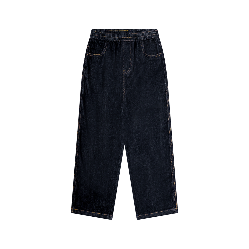 Boys dark wash straight-leg jeans with elastic waist and slash pockets