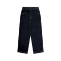 Boys dark wash straight-leg jeans with elastic waist and slash pockets