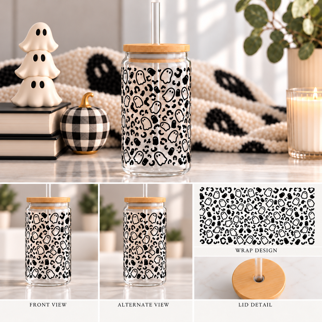 Ghost & Leopard Print | 16 oz Glass Cup with Bamboo Lid