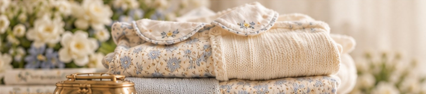 Ivory knitwear and delicate blue floral fabrics