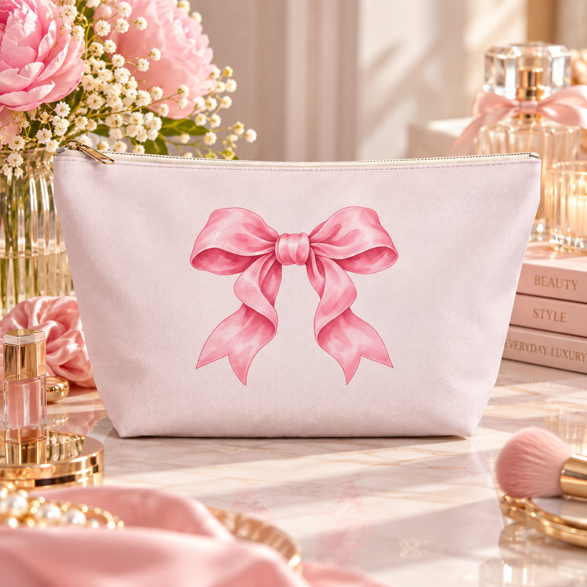 Large blush pink bow makeup pouch styled with flowers and beauty accessories on a marble vanity