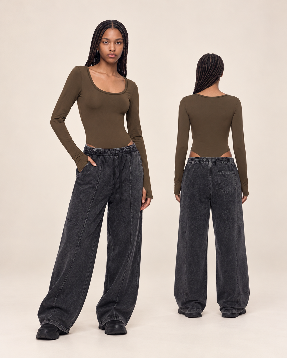 Essential Long Sleeve Bodysuit soft stretch scoop neck top in coffee brown, front and back full-body view