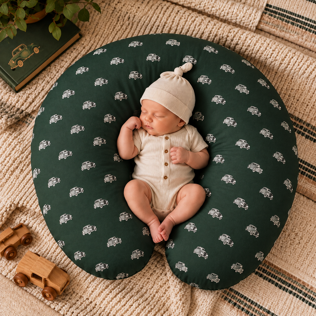 Little Roads Big Adventures Nursing Pillow Cover | Vintage Car Nursery