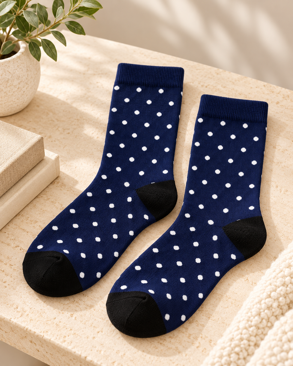Navy and white polka dot crew socks arranged on a warm ivory tabletop