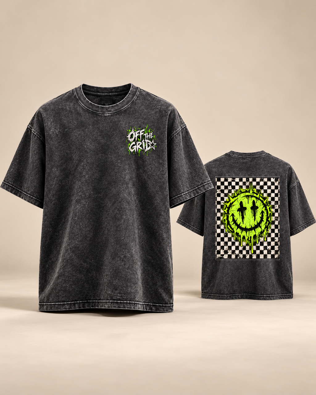 OFF THE GRID oversized mineral wash tee, Black, front and back mockup