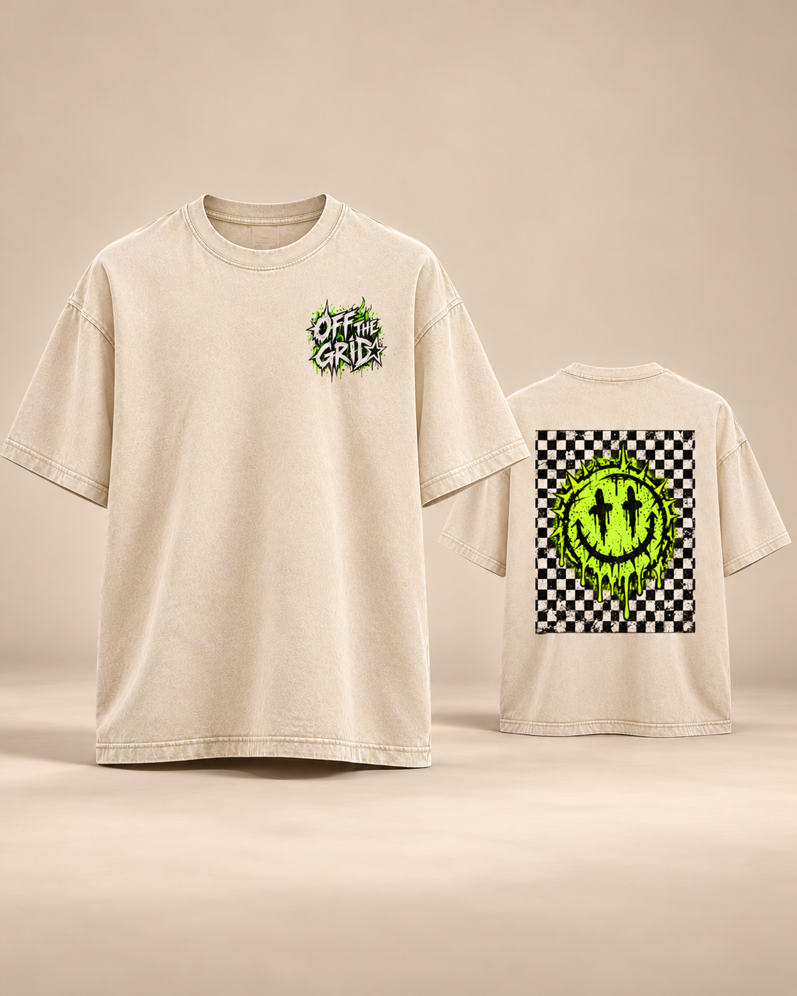 OFF THE GRID oversized mineral wash tee, Light Apricot, front and back mockup