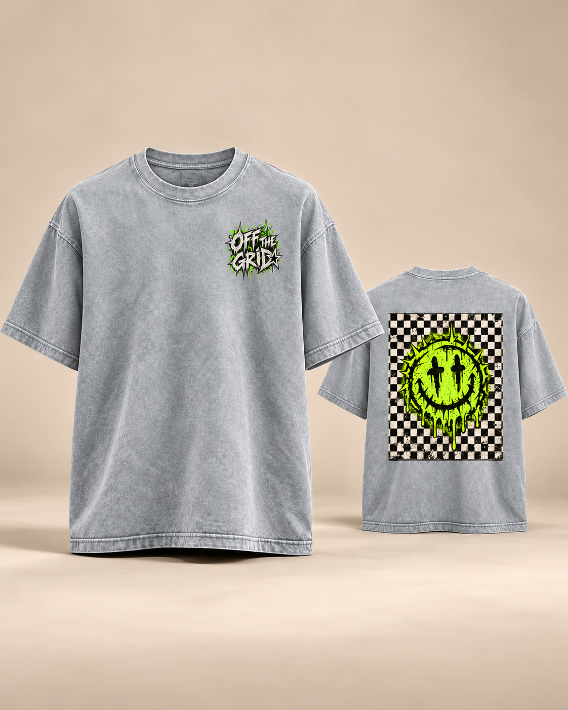 OFF THE GRID oversized mineral wash tee, Light Gray, front and back mockup