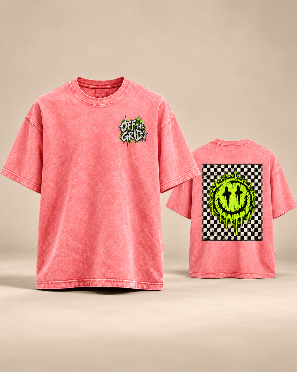 OFF THE GRID oversized mineral wash tee, Pink, front and back mockup