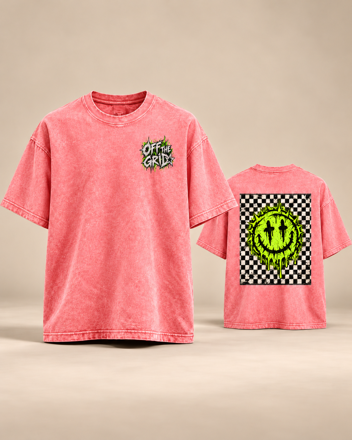 OFF THE GRID oversized mineral wash tee, Pink, front and back mockup