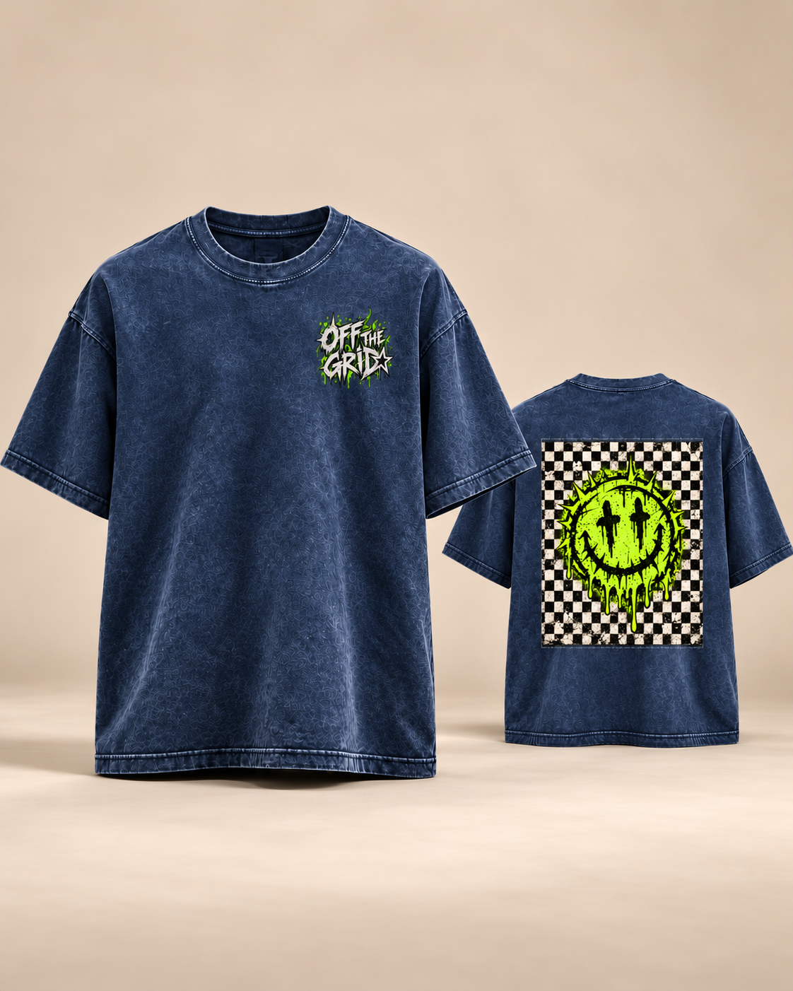 OFF THE GRID oversized mineral wash tee, Royal Blue, front and back mockup