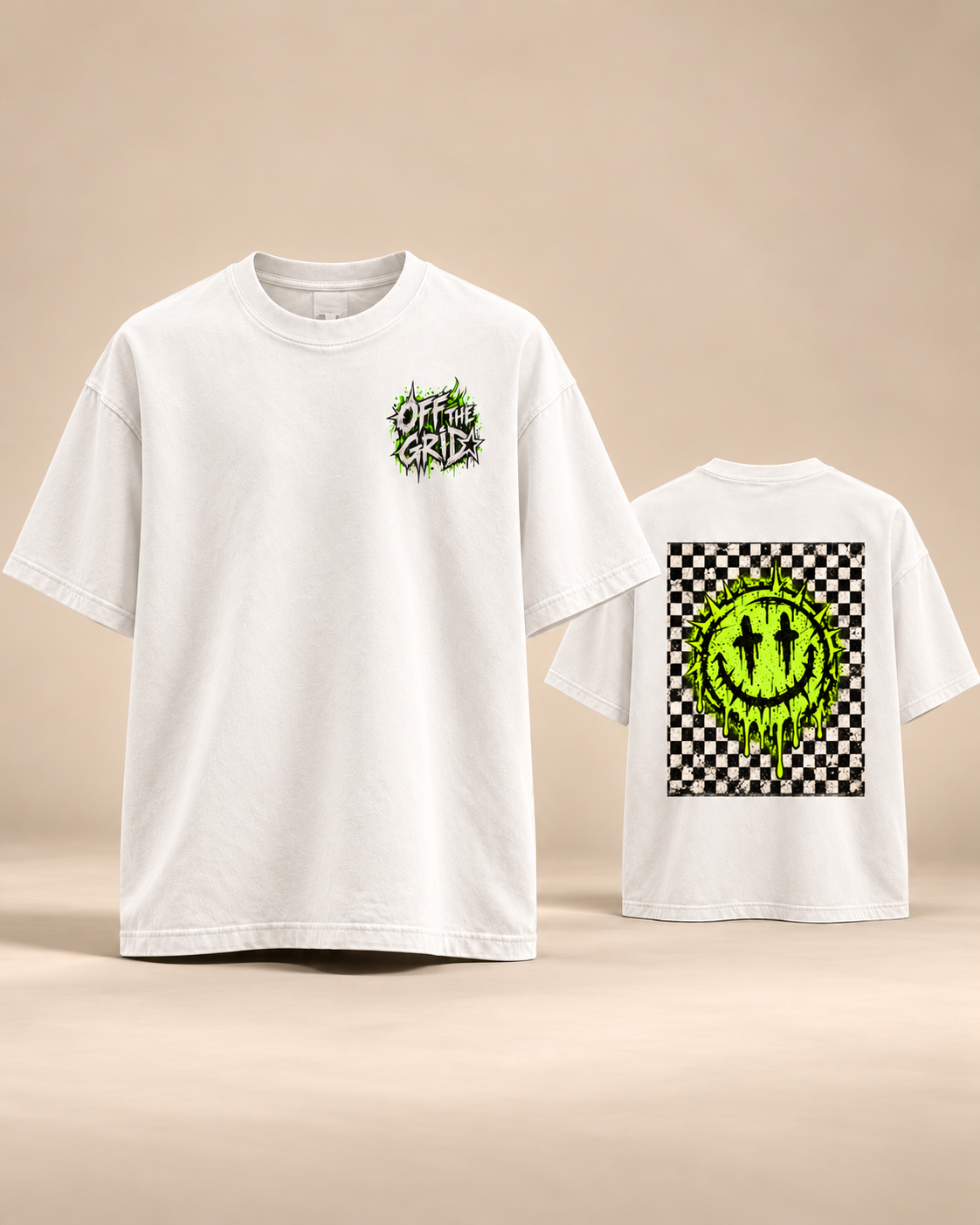 OFF THE GRID oversized mineral wash tee, White, front and back mockup