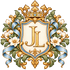 Jane & Lexi gold JL crest with crown, magnolia flowers, sage foliage and blue ribbons, transparent background