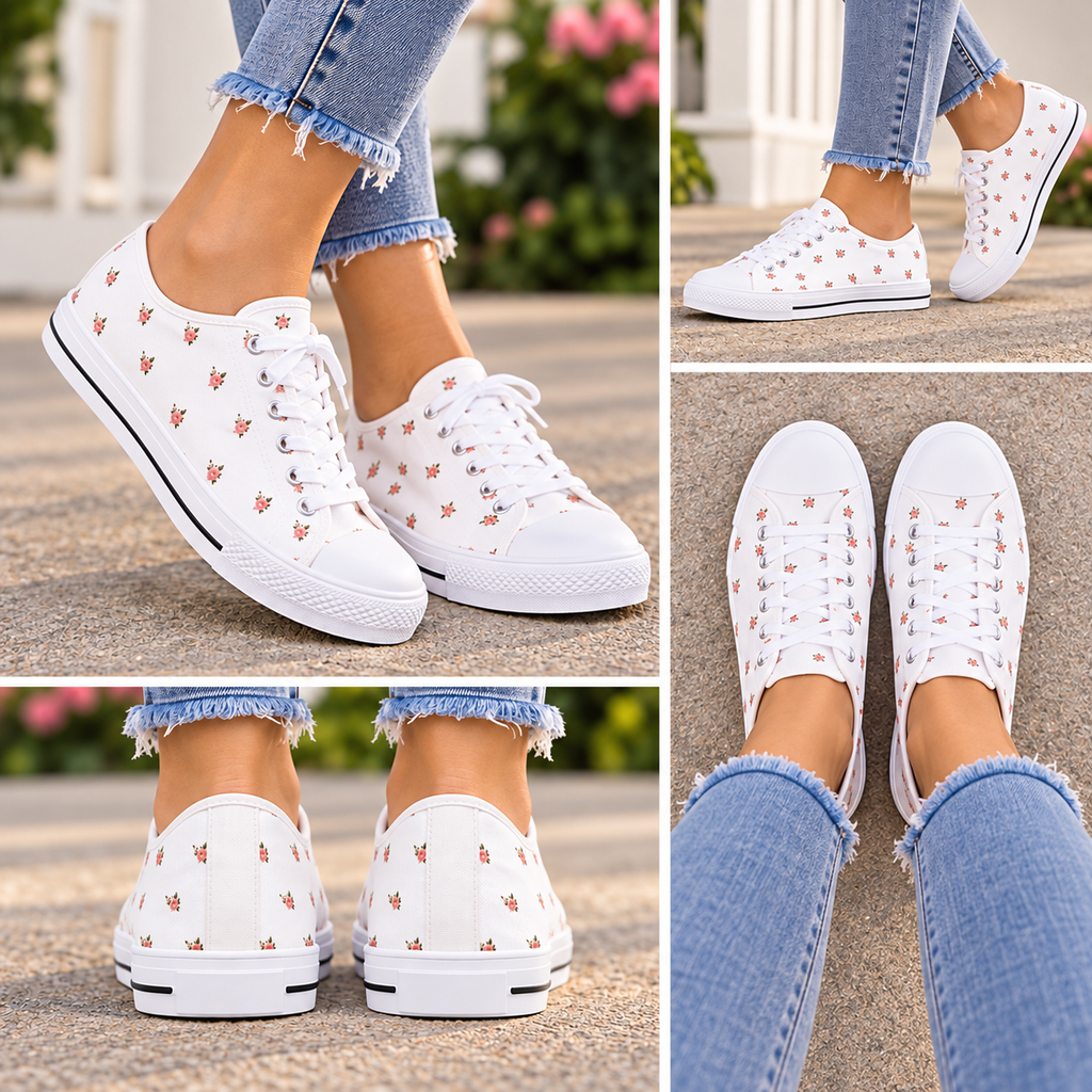 Woman wearing Tiny Rose & Leaf Canvas Sneakers in a lifestyle collage with front, top, side, and back views