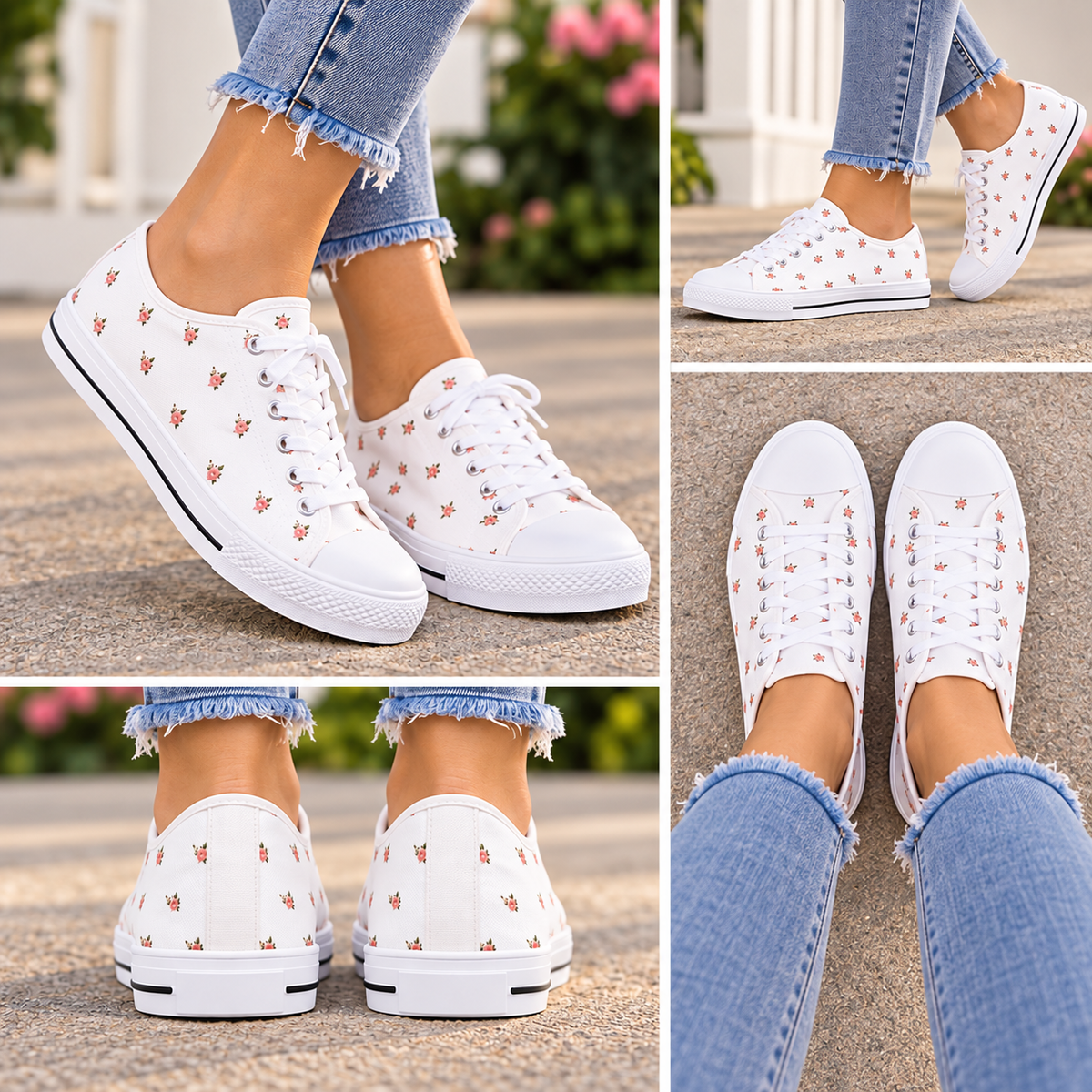 Woman wearing Tiny Rose & Leaf Canvas Sneakers in a lifestyle collage with front, top, side, and back views